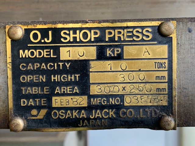 大阪ジャッキ テーブルプレス　180mm超小型油圧ベンダー MODEL10KPA　100v