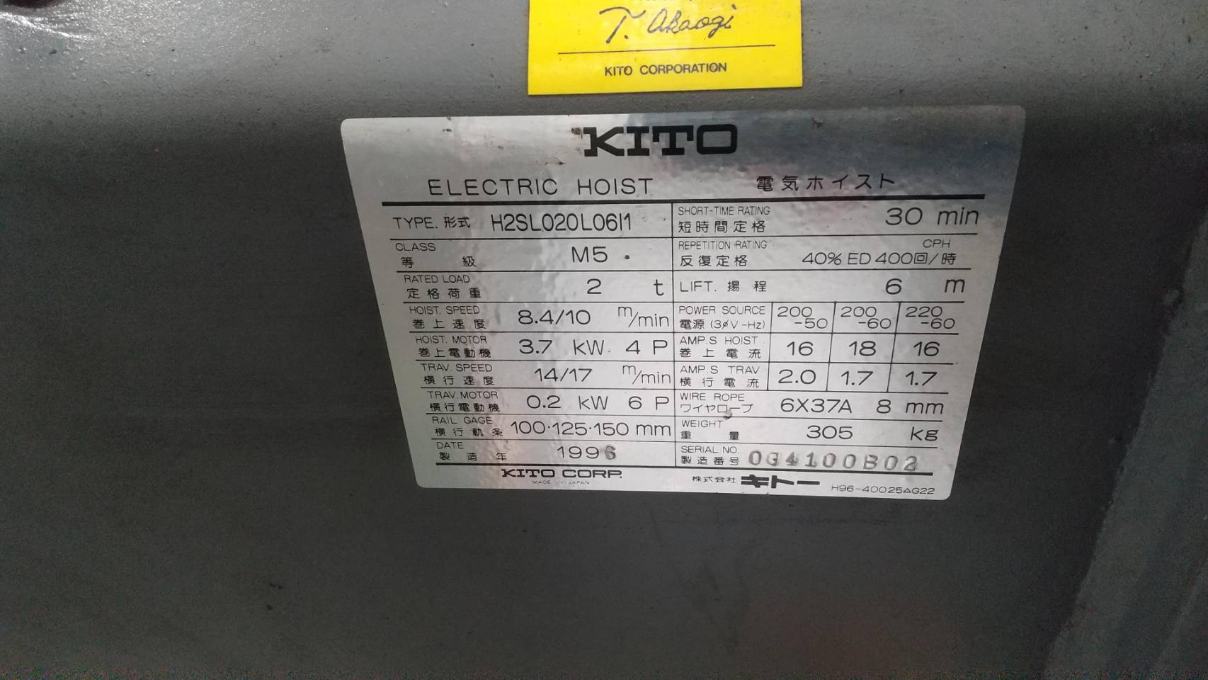 キトー 2.0ｔホイスト H2SL020L06❘1