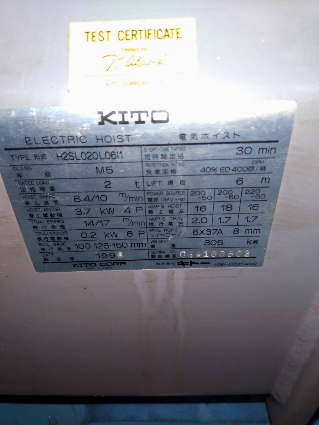 キトー 2.0Ｔホイスト H2SL020L06❘1
