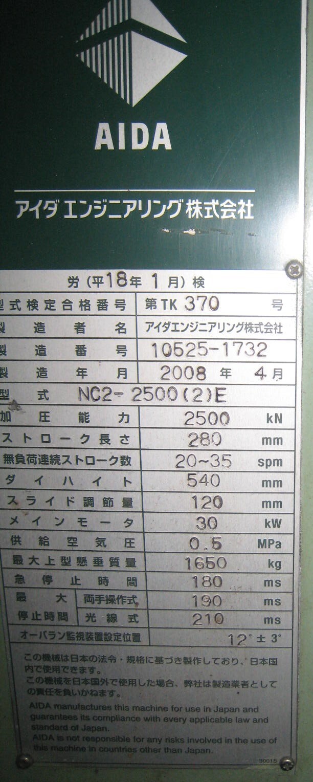 アイダ プレス機械 NC2-2500（2）E