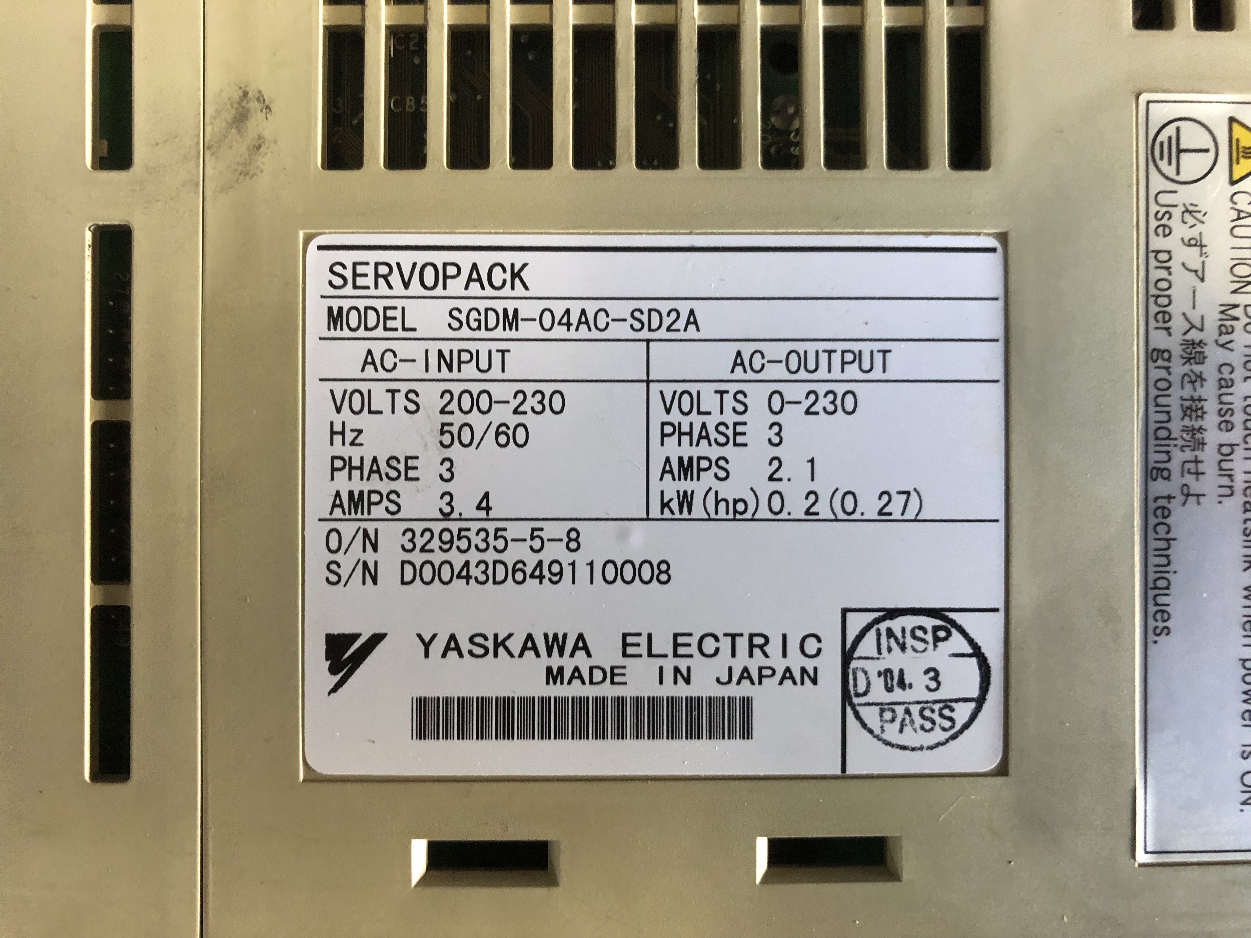 安川電機 YASKAWA サーボパックSERVOPACK SGDM-04AC-SD2A